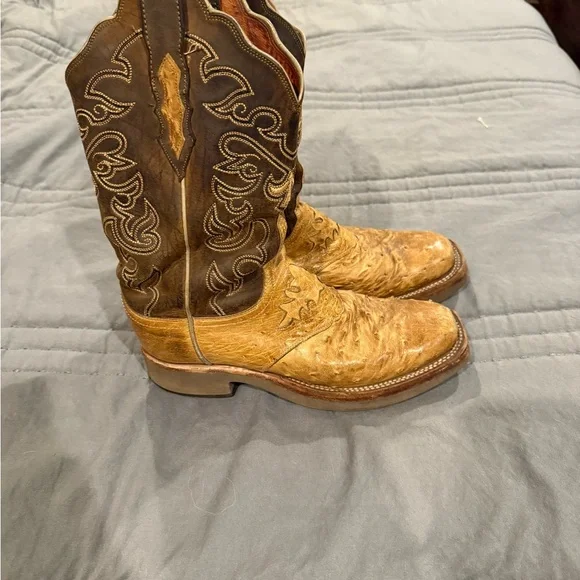Lucchese Ostrich Boots Brown and Tan Western Cowboy Boots - Picture 2 of 3